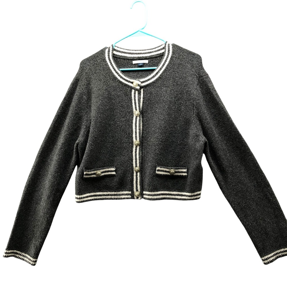 American Eagle Cardigan Sweater Womens L Gray Gold Button Soft Preppy Cropped
